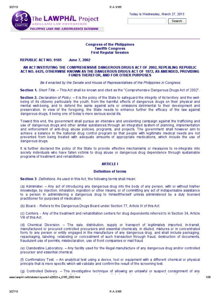 R.a 9165 Comprehensice Dangerous Drugs Act Narcotic Asset Forfeiture