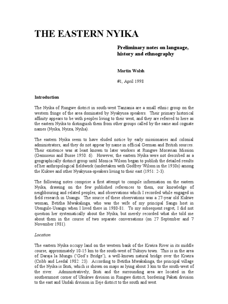 Eastern Nyika: Language and Ethnography | PDF | Zambia | Dialect