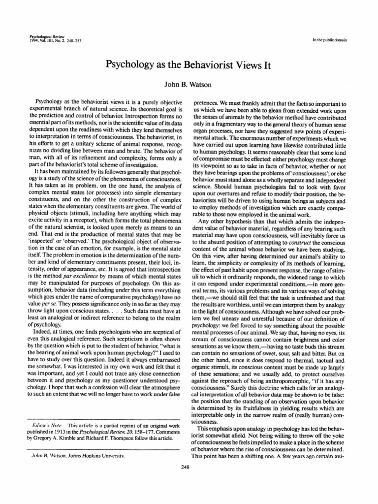 Psychology As The Behaviorist Views It Pdf