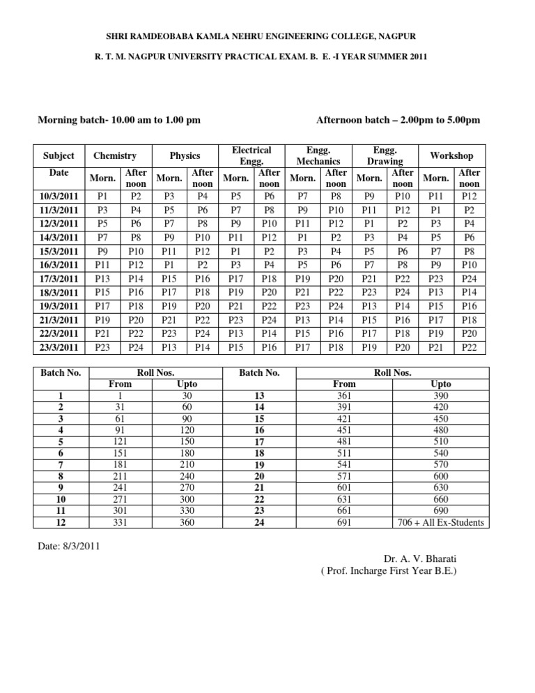 B.E. I Year Practical Exam Schedule | PDF
