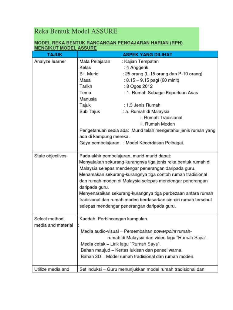 Model Reka Bentuk RPH Berdasarkan Model ASSURE | PDF