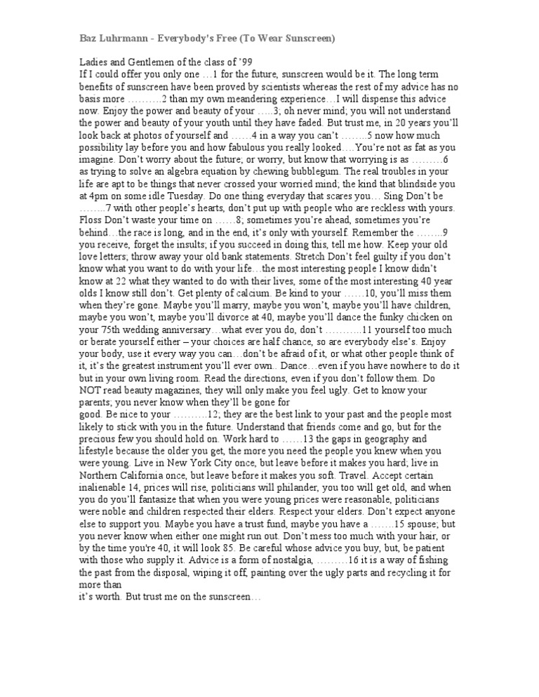 Baz Luhrmann Sunscreen | PDF for Everybody S Free To Wear Sunscreen Lyrics Printable