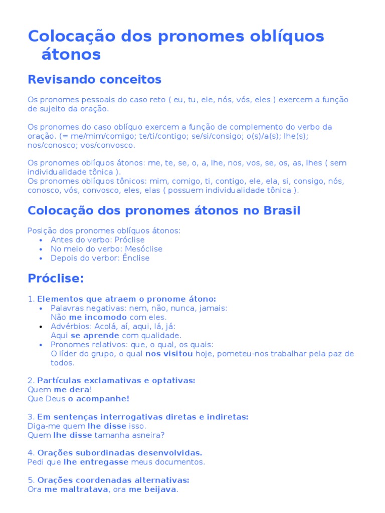 Colocação dos Pronomes Oblíquos Átonos | PDF | Assunto (gramática ...