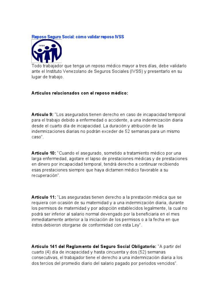 Validación de Reposo IVSS: Guía Práctica | PDF | Seguro | Salario