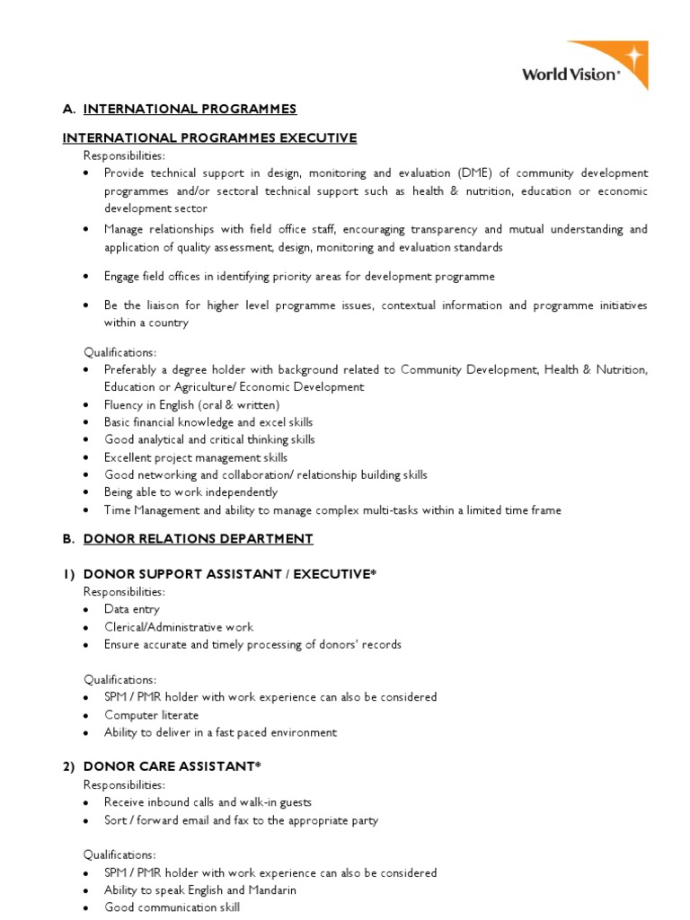 Opportunities at World Vision | PDF | Email | Technical Support