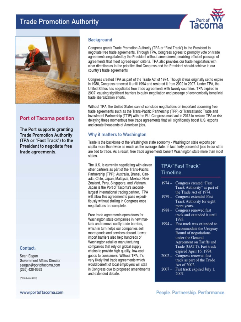 Port of Tacoma Supports Trade Promotion Authority | PDF | Trans Pacific ...