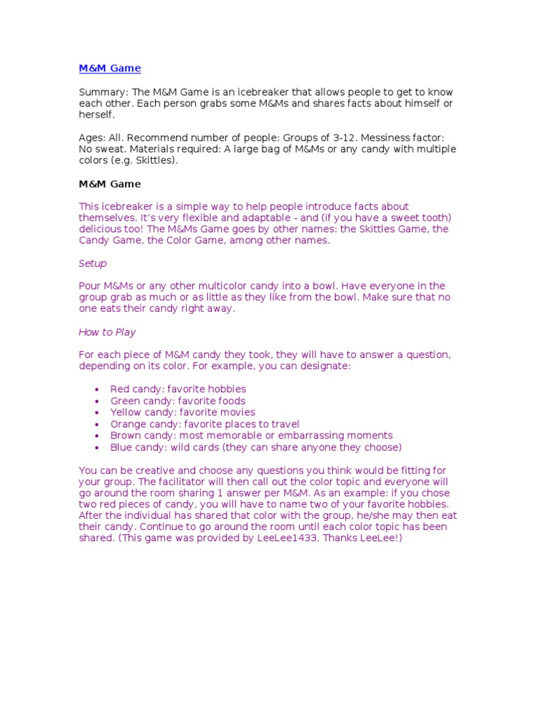 M&M Icebreaker Game Overview | PDF | Candy | Team Building