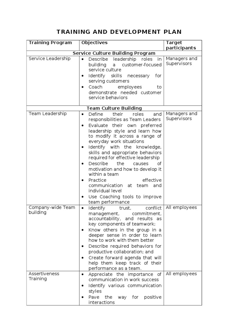 Training and Development Plan Competence (Human Resources) Leadership