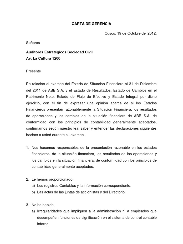 Carta de Gerencia  Principios contables generalmente aceptados
