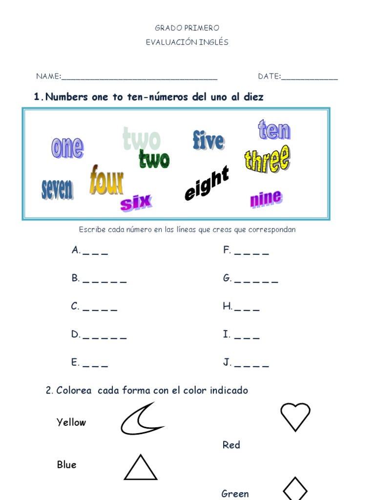 Evaluancion de Ingles Grado Primero | PDF