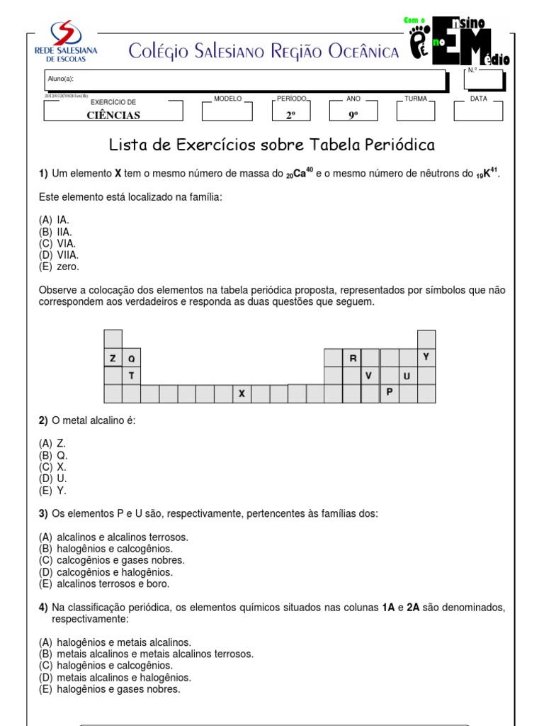 Lista de Exercícios sobre a Tabela Periódica: Propriedades dos ...