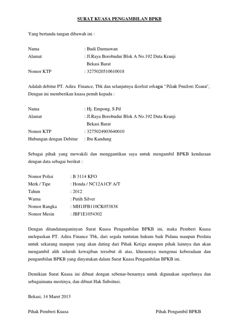 Download 85+ Contoh Surat Surat Kuasa Pengambilan Bpkb Terbaru Gratis