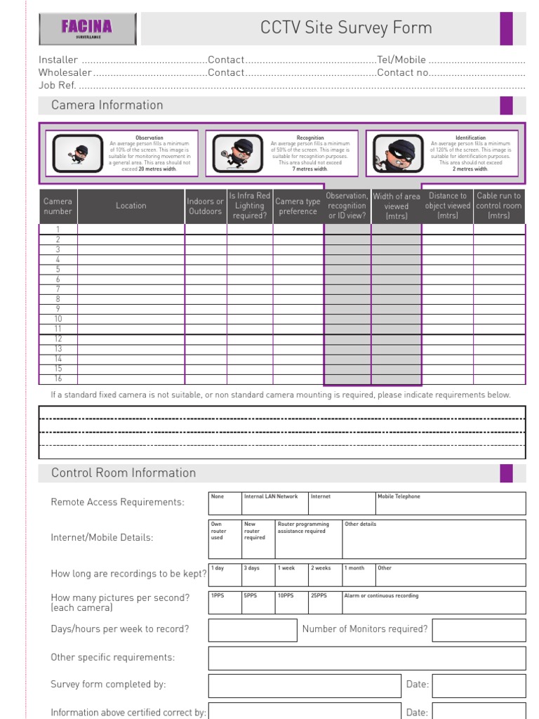 CCTV Site Survey Form Template | PDF | Closed Circuit Television | Camera