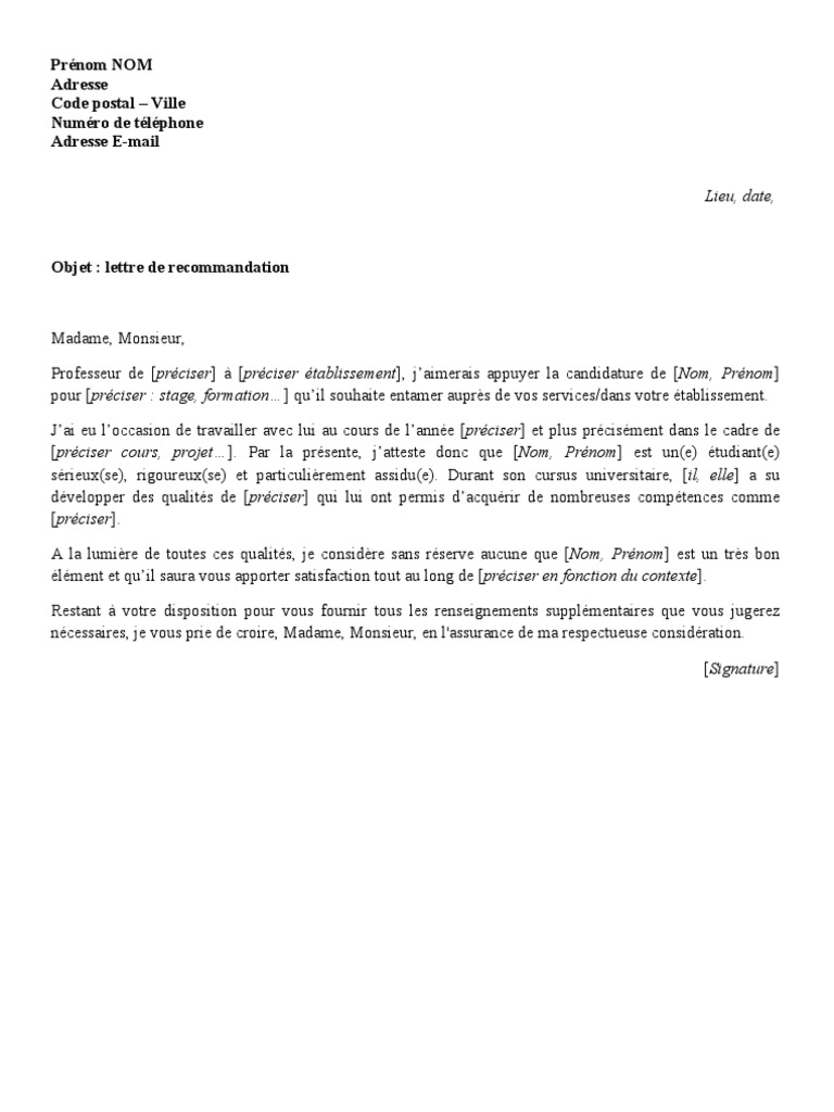 Lettre Recommandation Prof Pour Etudiant Pdf