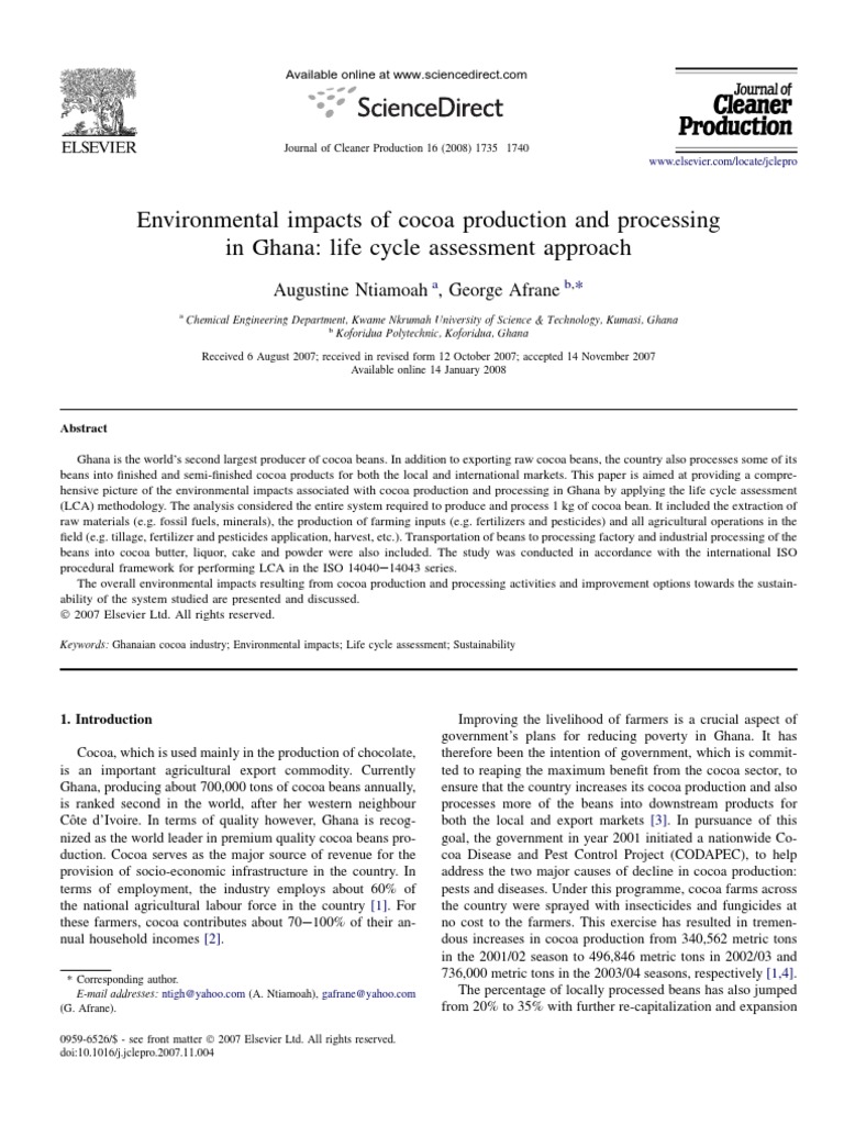 Environmental Impacts of Cocoa Production and Processing Cocoa Bean