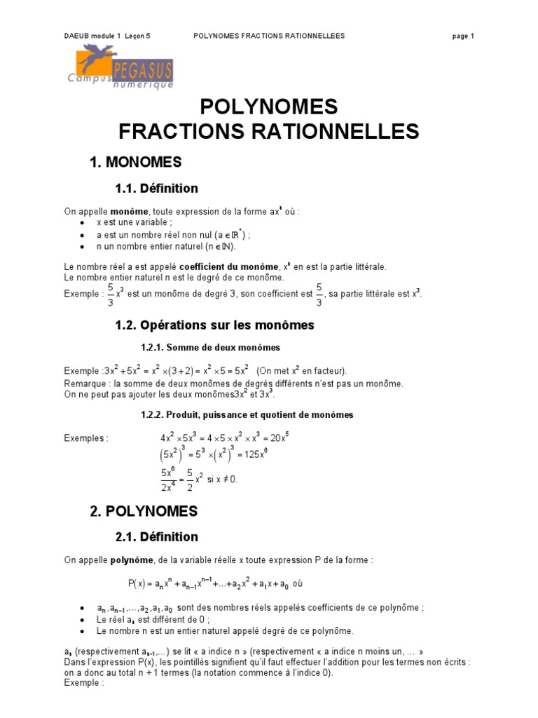 Monomes et Polynômes : Cours Complet | PDF