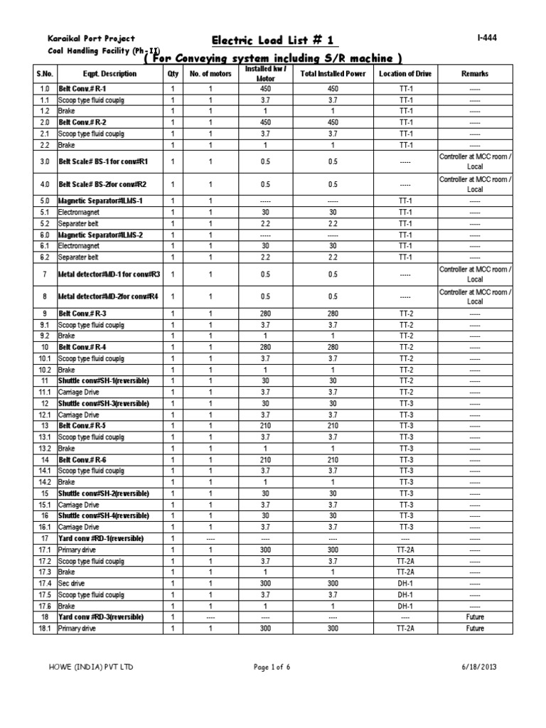 Electric Load List # 1 (For Conveying System Including S/R Machine ...