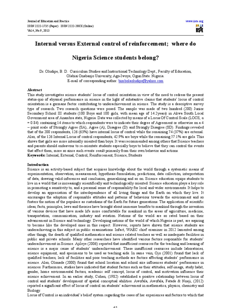 Internal Versus External Control of Reinforcement Where Do Nigeria ...