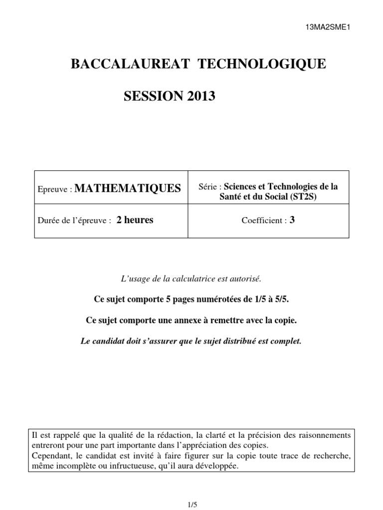 Bac Techno 2013 : Sujet Maths ST2S | PDF | Médicament | Autonomie