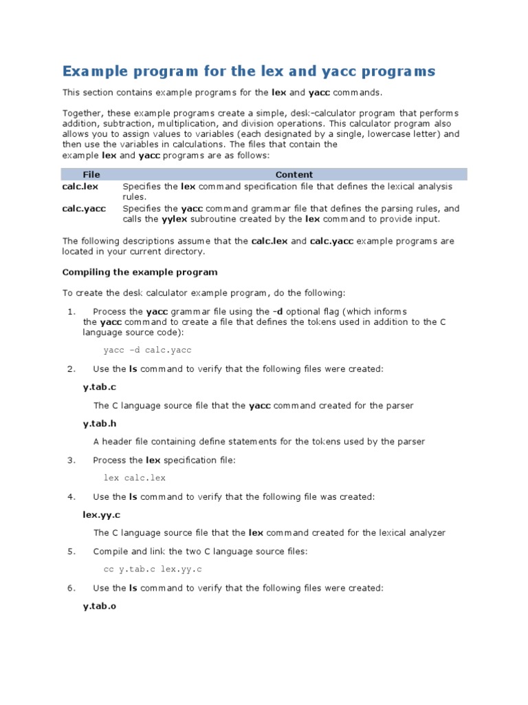Example Program For The Lex And Yacc Programs PDF Parsing C
