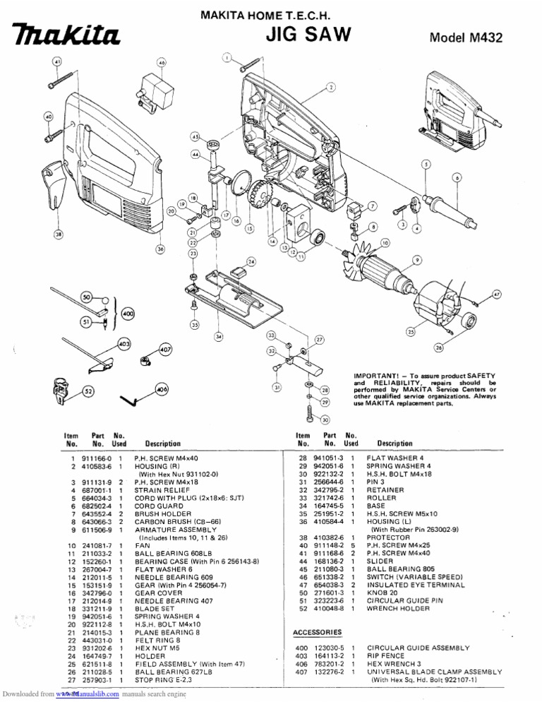 Makita Jigsaw M432 Parts Manual Screw Manufactured Goods