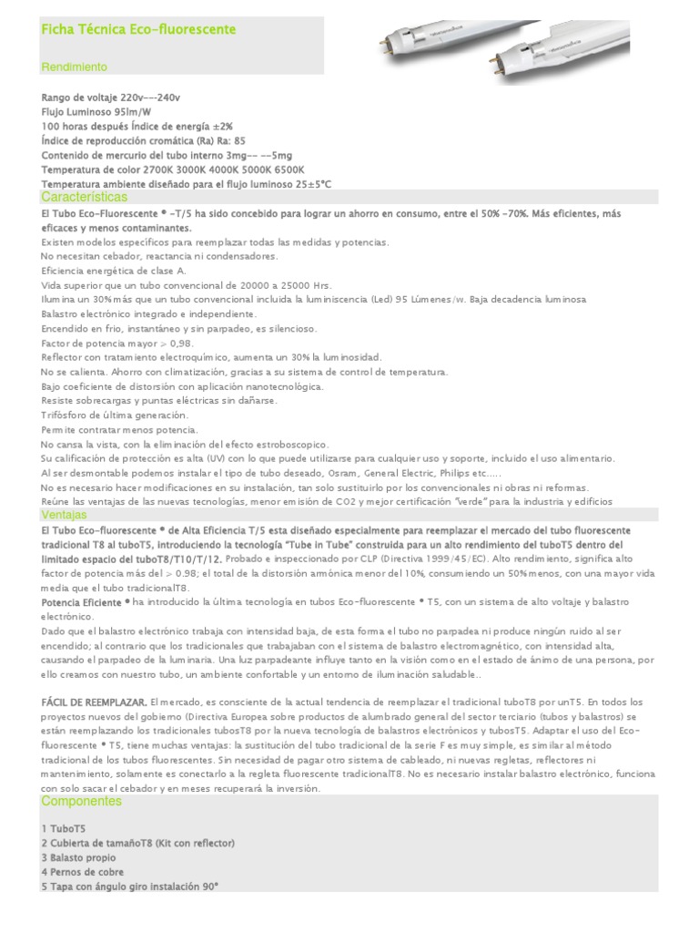 Ficha Tecnica Fluorescentes Lámpara fluorescente Iluminación