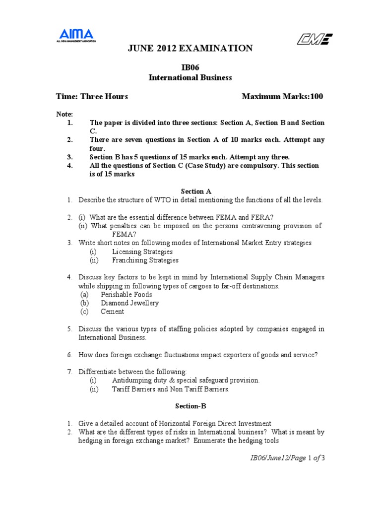 June 2012 International Business Exam Guide | PDF | Business