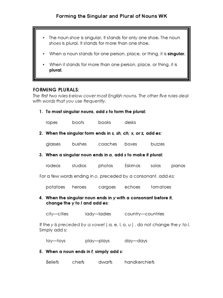 Singular Plural Nouns Notes Examples And Exercises Pdf