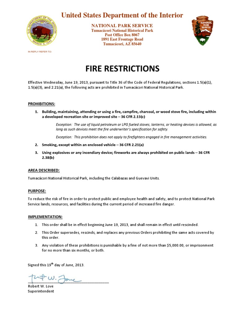 Fire Restrictions: United States Department of The Interior | PDF | Law