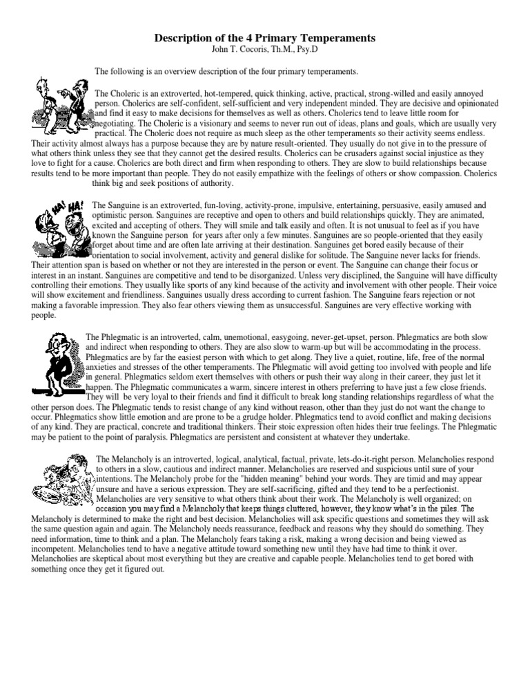 Description Of The 4 Primary Temperaments Pdf Temperament Emotions