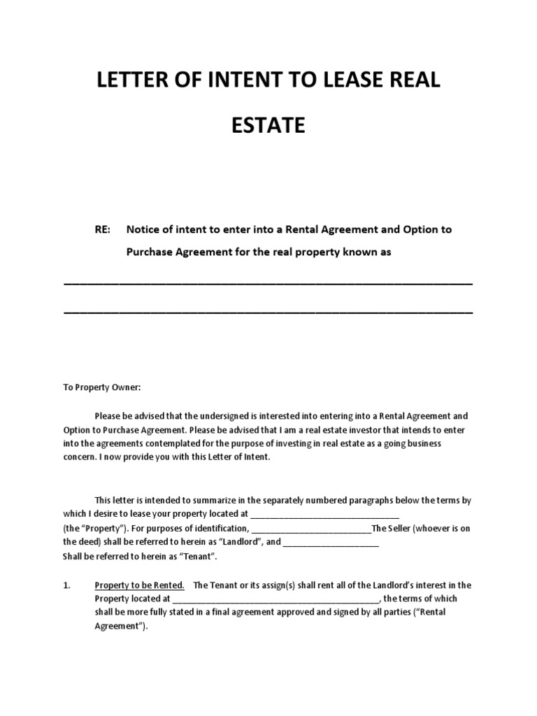 Letter Of Intent To Lease Real Pdf