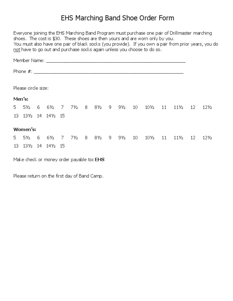 EHS Marching Band Shoe Order Form | PDF | Clothing | Softlines (Retail)