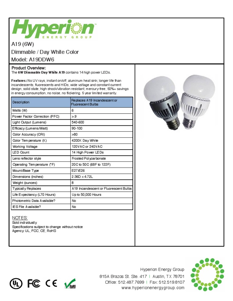 6W Dimmable A19 LED Light Bulb | PDF