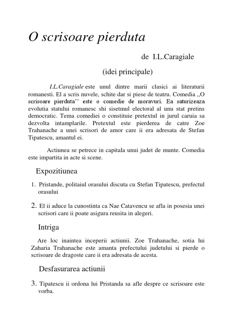 O Scrisoare Pierduta De I L Caragiale Rezumat Pe Scurt