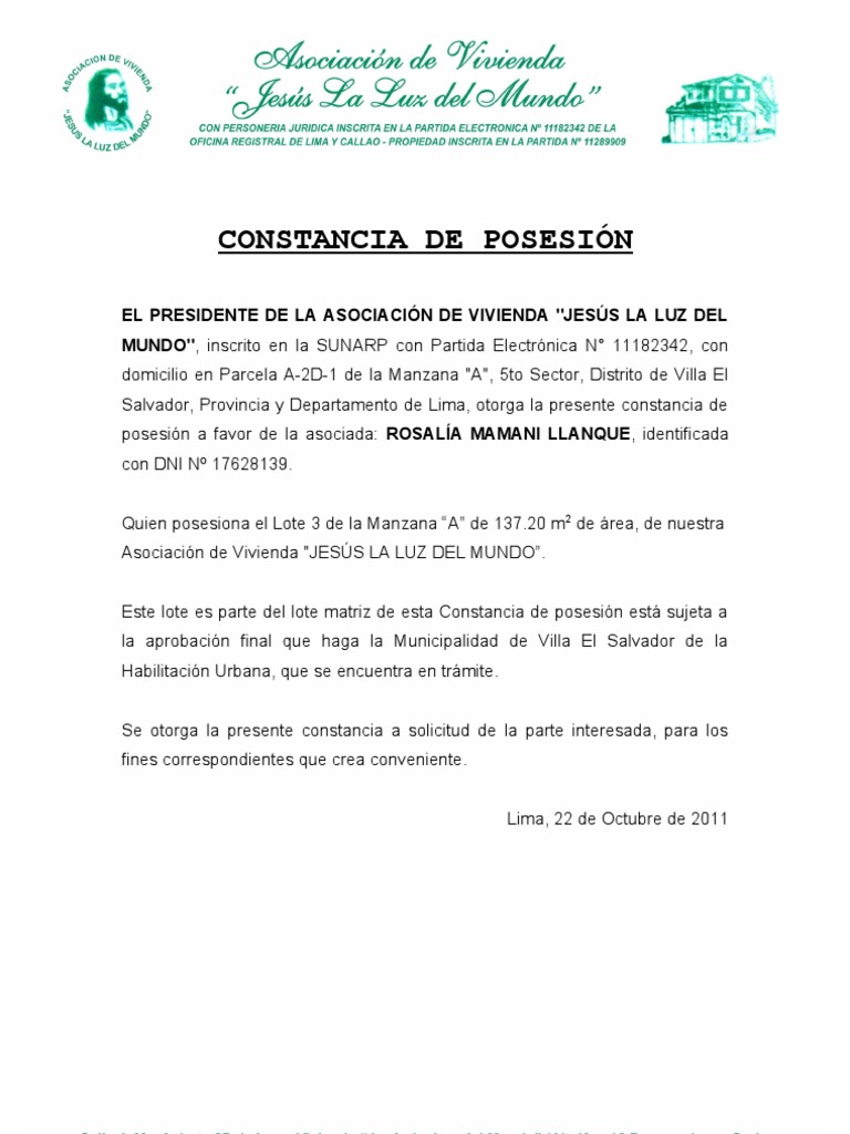 CONSTANCIA DE POSESIÓN
