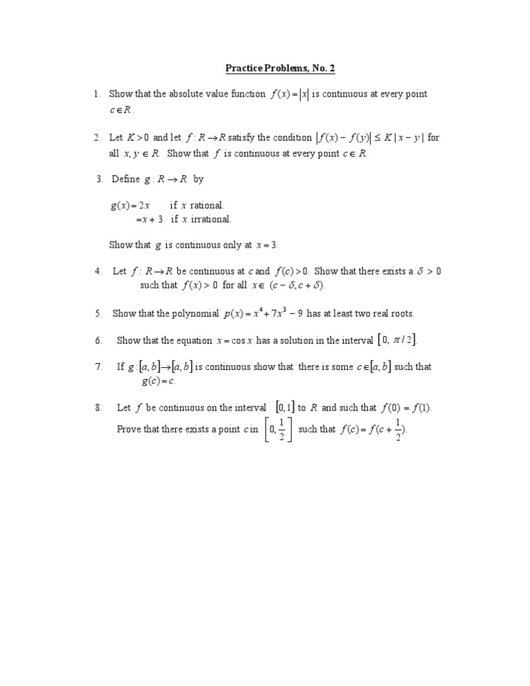 Continuity and Roots Practice Problems | PDF