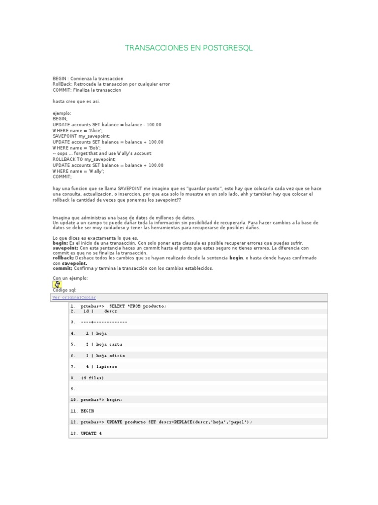 Transacciones y Savepoints en PostgreSQL | PDF | SQL | Software de ...