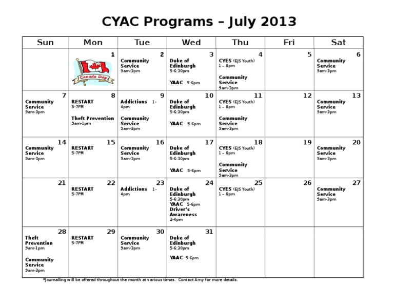 July 2013 CYAC Program Schedule | PDF | Cooking, Food & Wine | Science ...