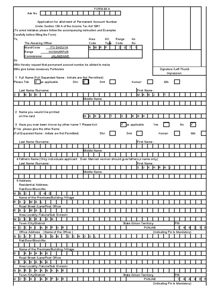 PAN form in Excell Format Identity Document Government And