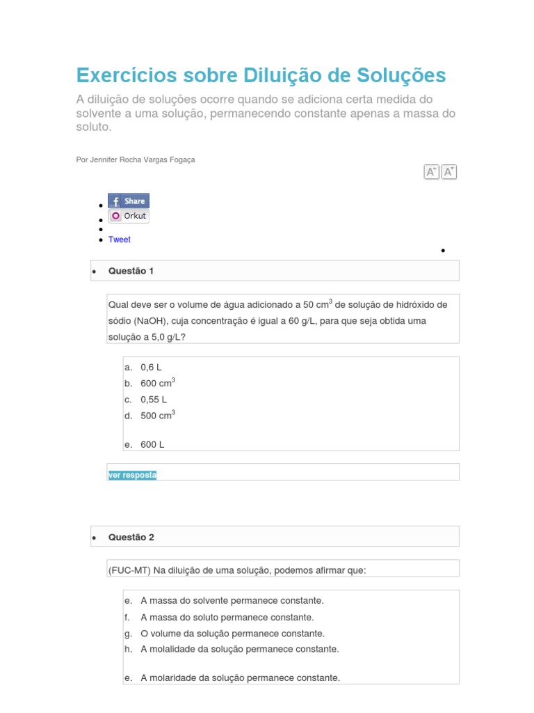 Exercícios de Diluição de Soluções | PDF | Solução | Química Analítica