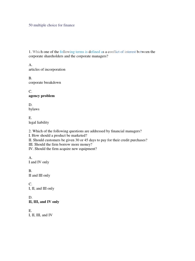 Finance Multiple Choice Questions | PDF | Cost Of Capital | Present Value