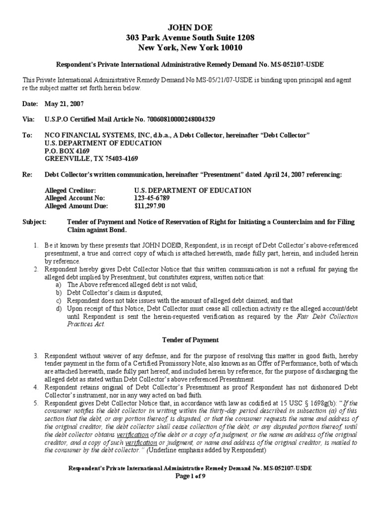 Debt Validation Notice to Collector | PDF | Collection Agency ...
