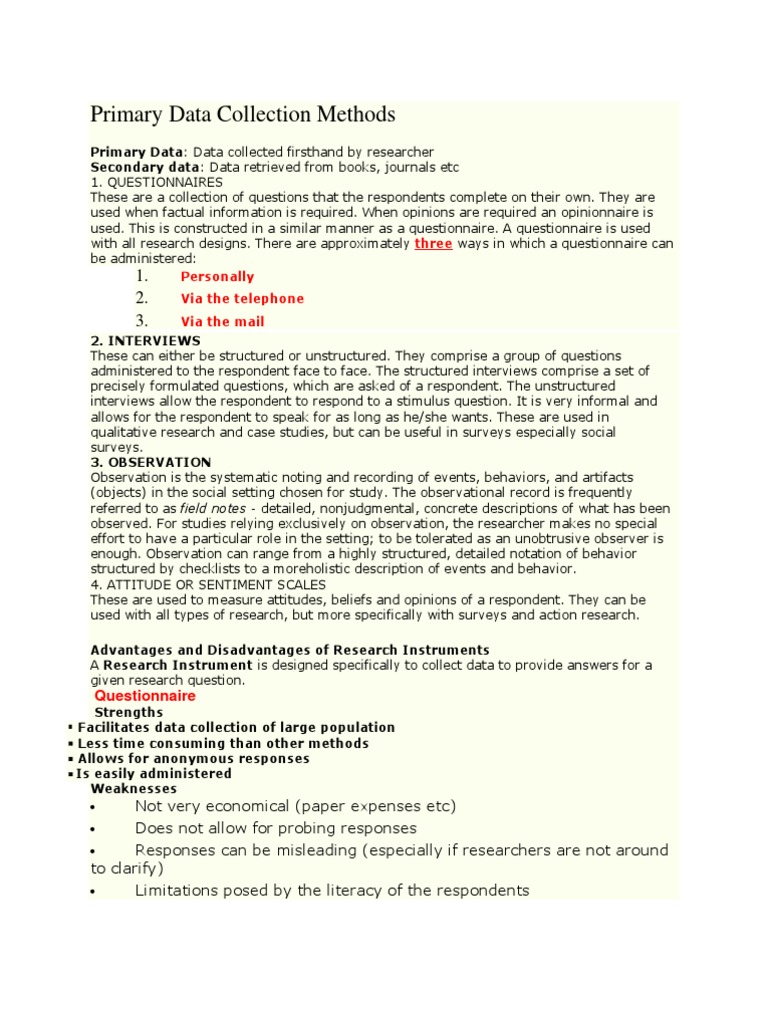 Primary Data Collection Methods PDF Survey Methodology Observation
