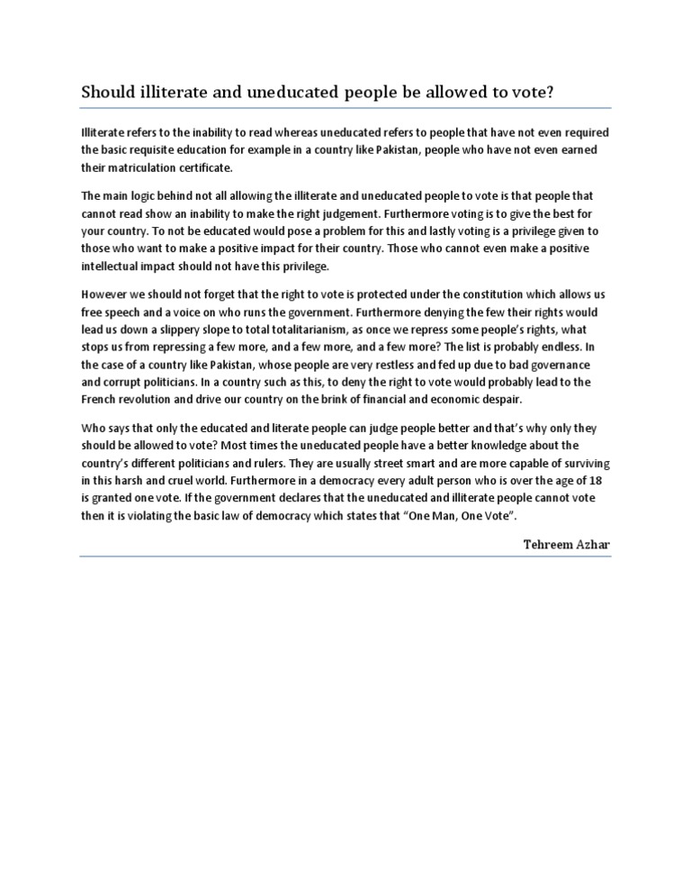 Voting Rights for the Uneducated and Illiterate | PDF | Literacy ...