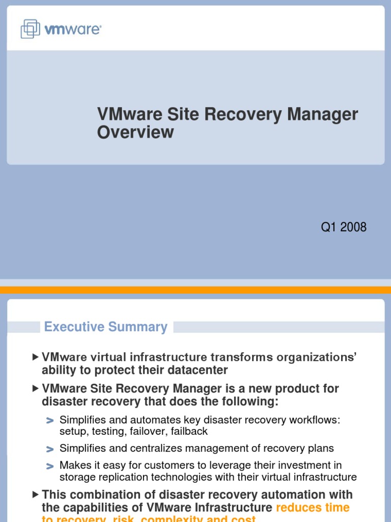 VMware Site Recovery Manager Overview | PDF | Disaster Recovery | V Mware