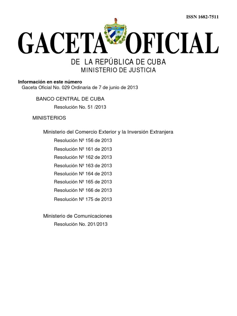 Gaceta Oficial No. 029 Ordinaria de 7 de Junio de 2013 PDF Cuba
