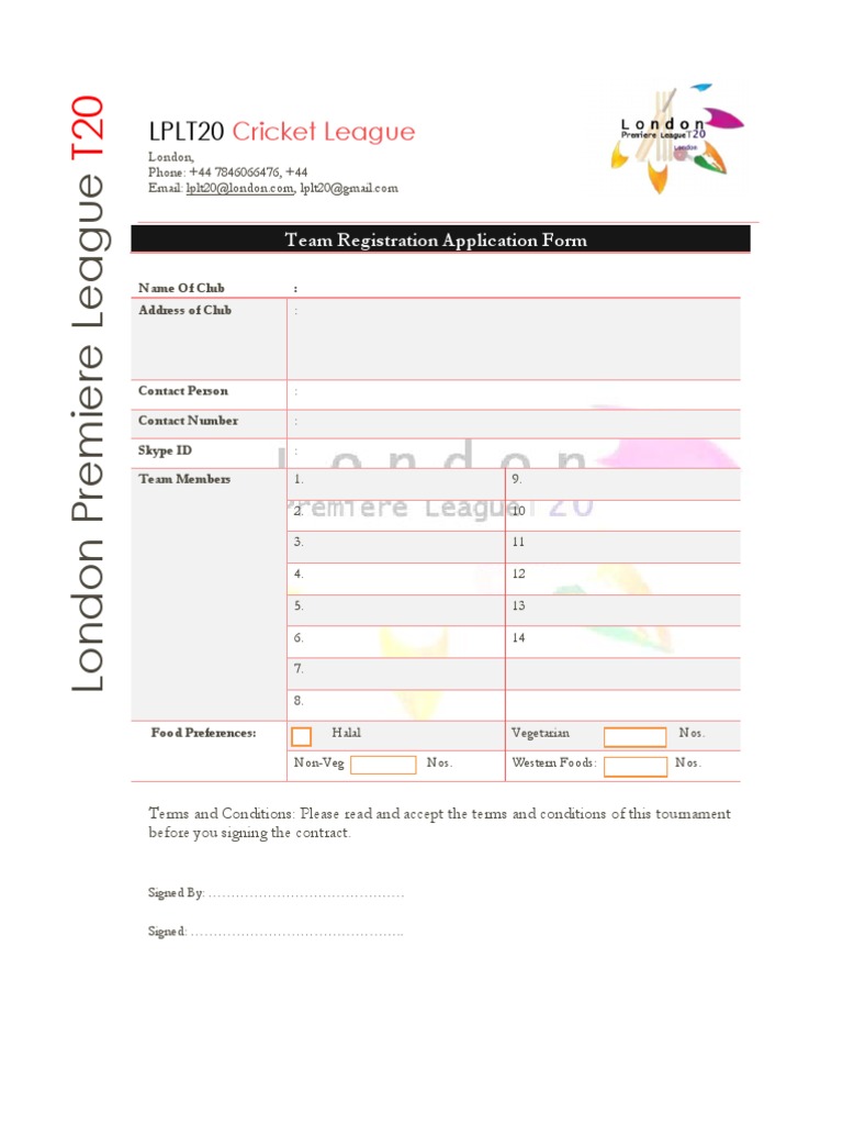 Application forms LPLT20 Cricket League Cricket Payments
