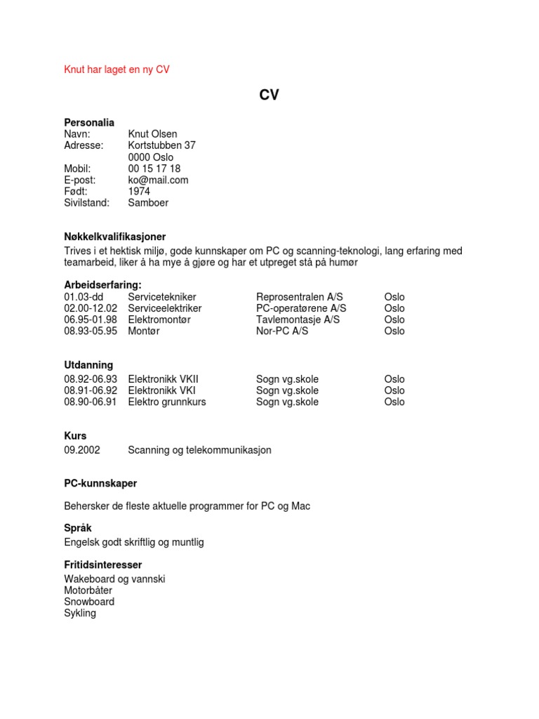 Eksempler På CV Og Søknad - Servicetekniker | PDF