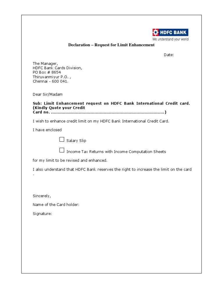 HDFC Credit card limit enhancement form | Credit Card | Taxation