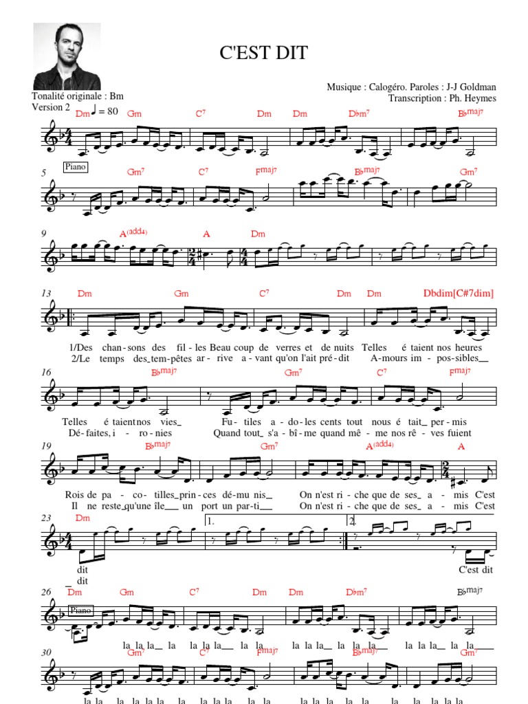 Partition Piano C Est Dit Calogero